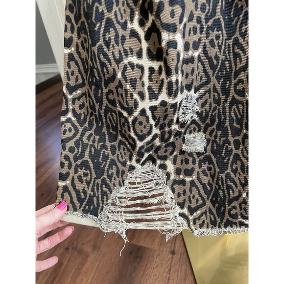 WALKER ROSE Leopard Print Distressed Denim Belted Long Trench Coat - Picture 7 of 13